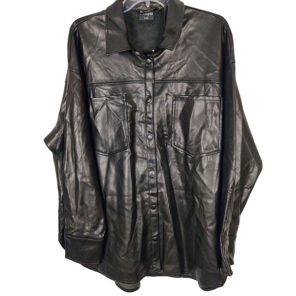 Fahsyee Black Vegan Leather Shacket Oversized Button Front Jacket XXL NEW